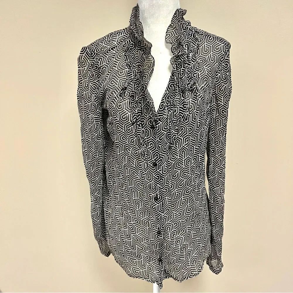 Ann Taylor brown silk ruffled front button down Sz 10